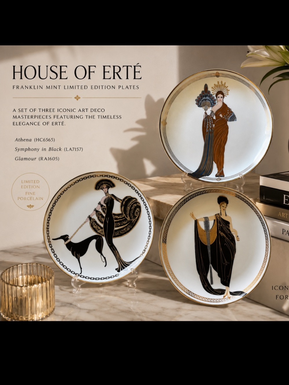 House of Erté Art Deco Porcelain Dinnerware Plate - Black & Gold